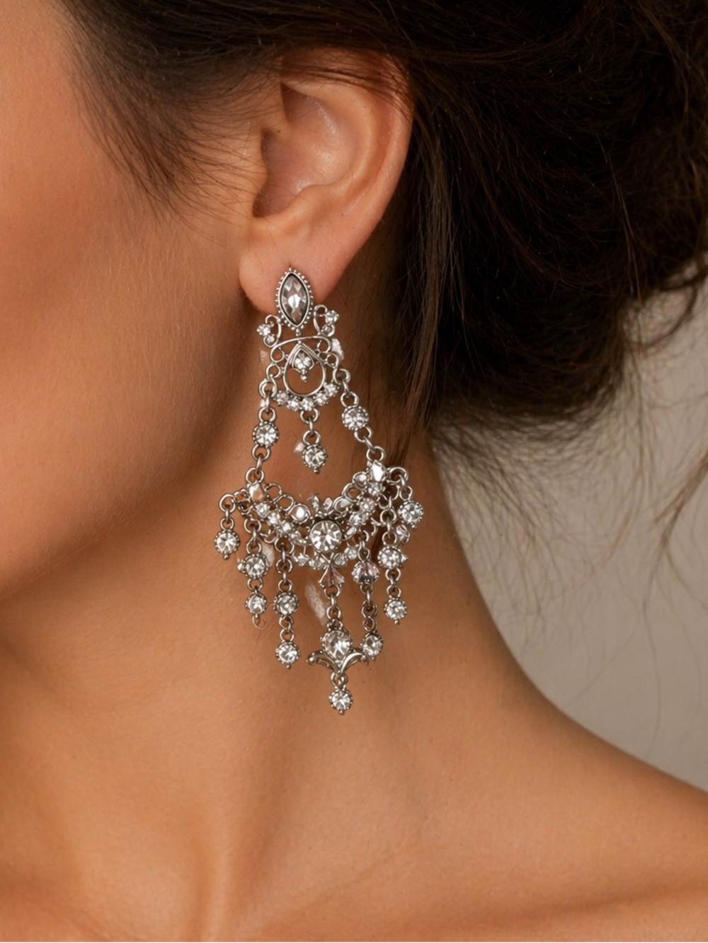Vintage Silver Rhinestone Chandelier Earrings Statement Dangle Glam